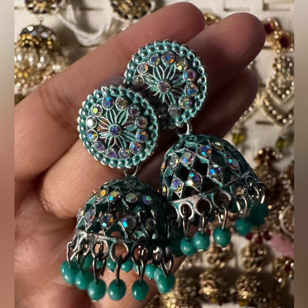 Elegant Silver and Green Jhumka Earrings